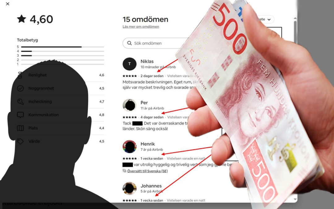 bildcollage en siluett av en man, en hand som håller pengar och i bakgrunden recensioner från airbnb.