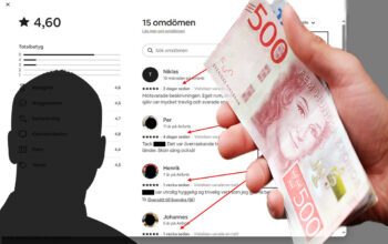 bildcollage en siluett av en man, en hand som håller pengar och i bakgrunden recensioner från airbnb.