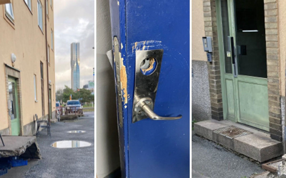 Värden har fått bort sänkorna vid entrén som förvandlats till halkfällor vintertid. Däremot är dörrarna i tvättstugan fortfarande trasiga. Vid glipan under trappstenen tar sig råttor in.