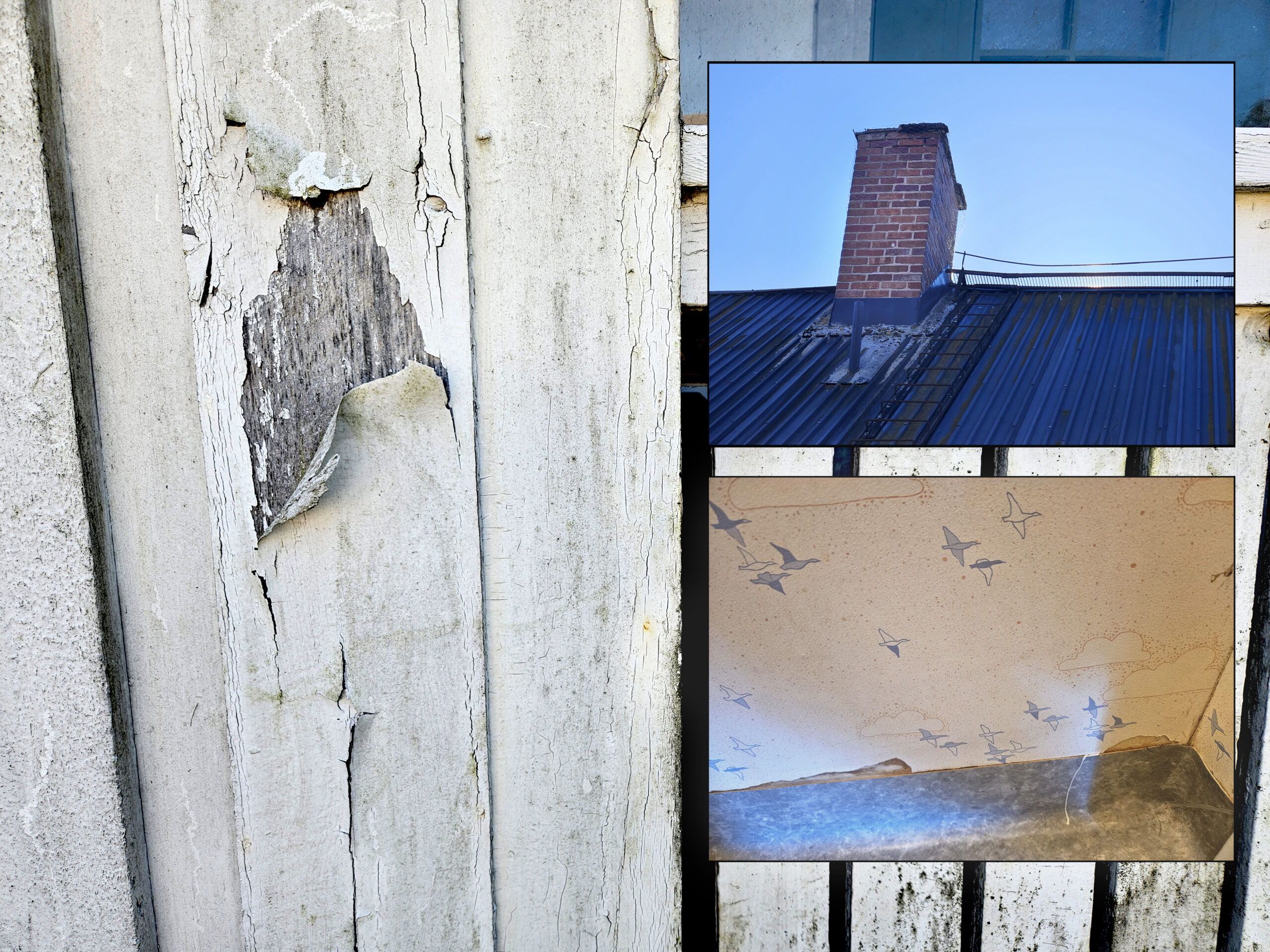 Tre bilder i en: flagnande färg på en trävägg, en skorsten och en skadad badrumstapet.