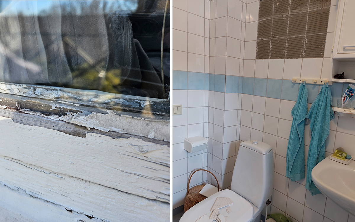 Två bilder i en. Den ena på en sliten fönsterkarm och den andra på en toalett där kaklet fallit ner.