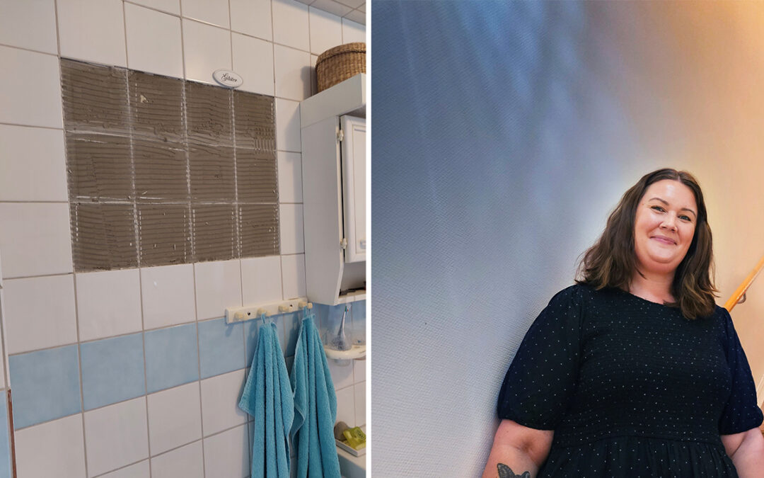 Två bilder i en varav den första är från ett badrum där kakelplattor fallit ner. Den andra är på en kvinna med mörkt hår som står i en trapp inomhus.
