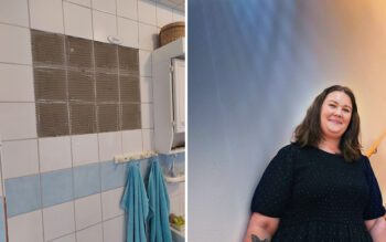 Två bilder i en varav den första är från ett badrum där kakelplattor fallit ner. Den andra är på en kvinna med mörkt hår som står i en trapp inomhus.