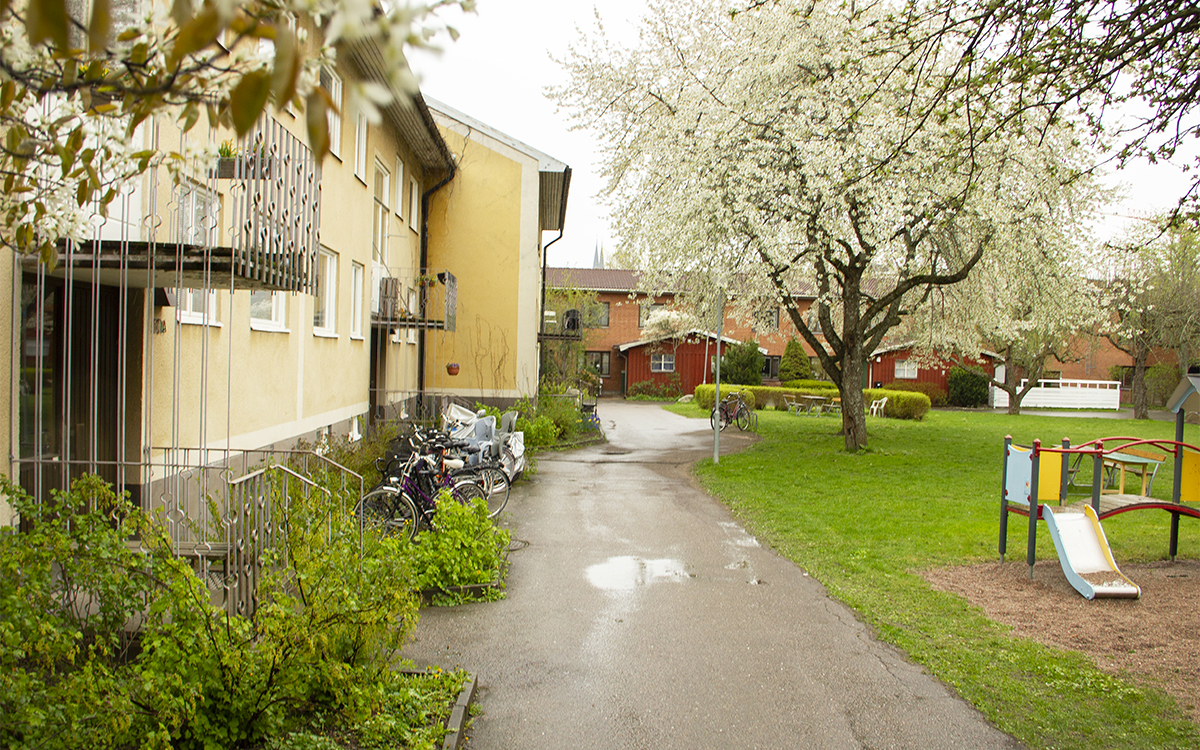 En tvådelad huskropp till vänster i två våningar med sandfärgad putsad fasad och detaljer i vitt och gråmålat järnsmide. Blommade gen upp i övre vänstra hörnet och ett blommande träd till höger. Buskar och rabatter längs fasaden, en grön gräsmatta, ett blommande träd och en liten rutschkana till höger på innergården. Uppsalahem vill riva några av husen i kvarteret Idun i Svartbäcken i Uppsala. Några hus ska samtidigt bavaras och renoveras.
