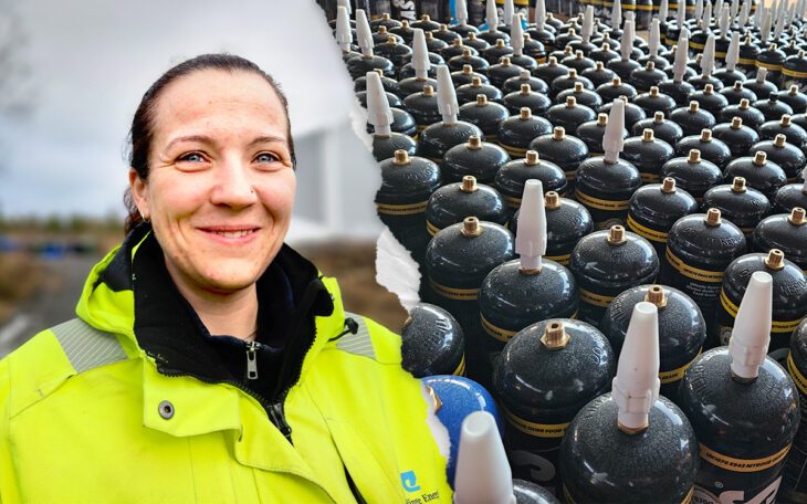 En kvinna i gult arbetsställ och intill en bild av en mångd svarta lustgastuber.