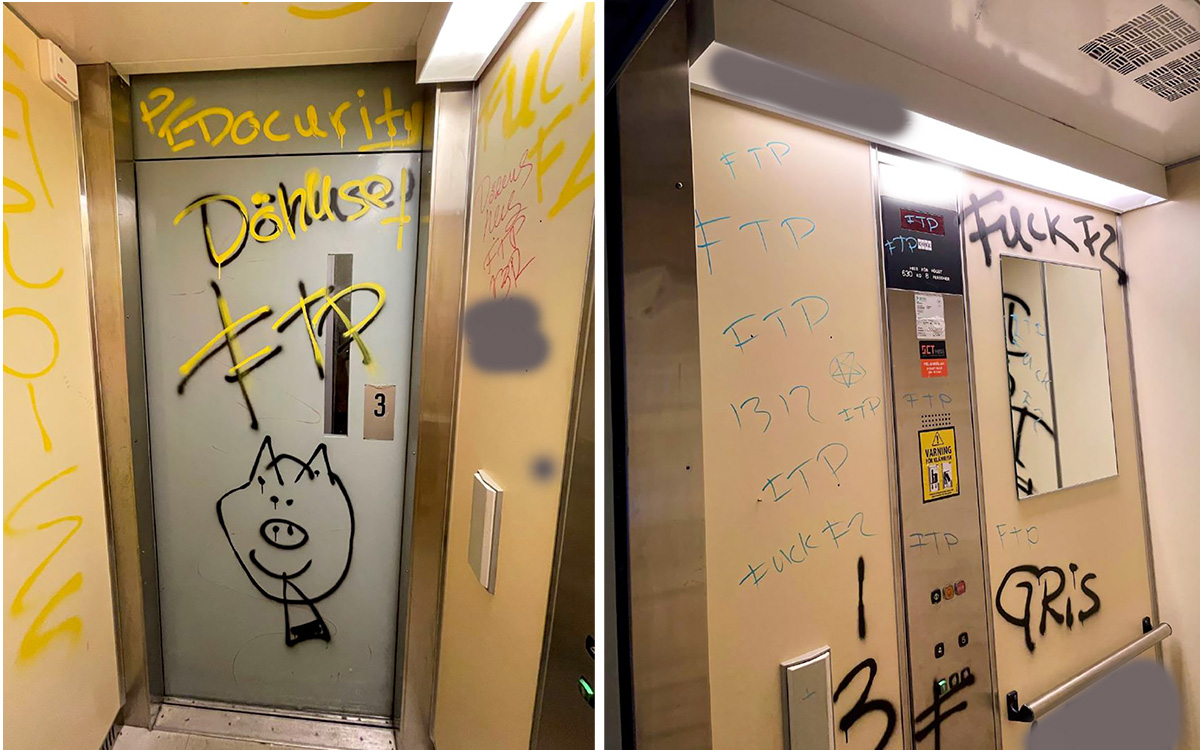 Tvådelad bild där båda delarna visar nedklottrade hissar