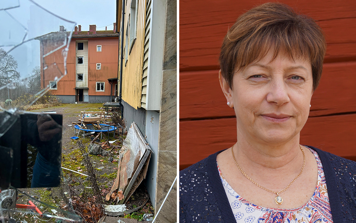 Tvådelad bild. Ena bilden visar slitna husfasader och en gård fylld med bråte. Andra delen är en närbild på en kvinna som tittar in i kameran.