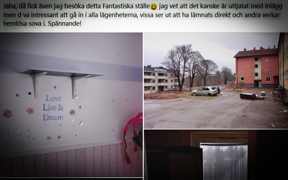 Ett inlägg på Facebook med text och med bilder på och inne i husen.