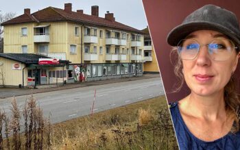 Tvådelad bild. Ena delen visar en väg och ett gult, slitet flerfamiljshus. Andra delen närbild på en kvinna i keps.