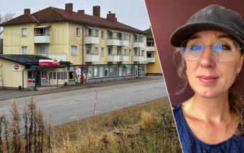 Tvådelad bild. Ena delen visar en väg och ett gult, slitet flerfamiljshus. Andra delen närbild på en kvinna i keps.