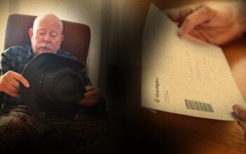 En man sitter i en fåtölj och ser nedstämd ut med en hatt i handen. I montaget finns även en bild på ett brev med Kronofogdens logotyp.