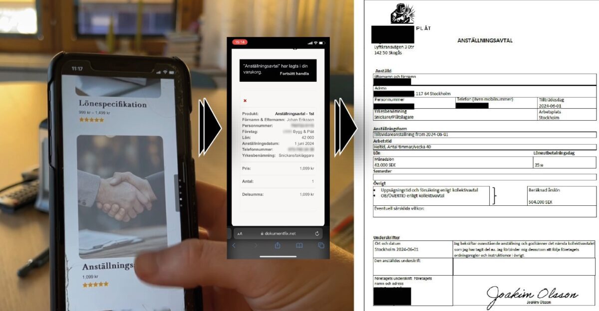 Vi klickar fram ett fejkat anställningsavtal, lägger det i varukorgen och betalar med kryptovaluta. Några dagar senare ligger anställningsavtalet i vår mejlbox.