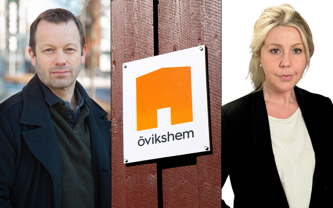 Bilden är tredelad med ett porträtt på kommunens direktör, Bravidas kommunikationschef och Övikshems logotyp i mitten.
