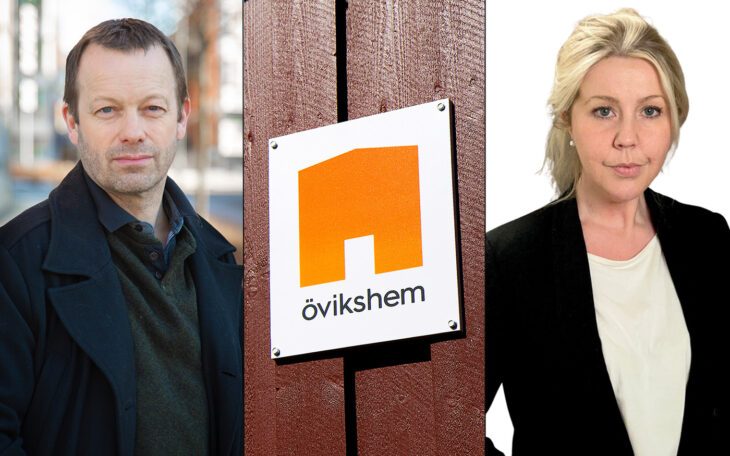 Bilden är tredelad med ett porträtt på kommunens direktör, Bravidas kommunikationschef och Övikshems logotyp i mitten.