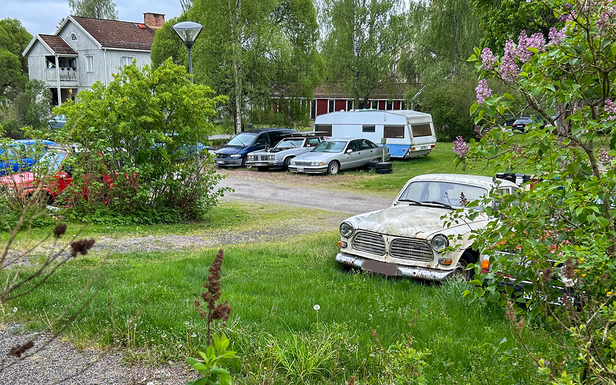 Bilden visar flera bilar som står parkerade. Några av bilarna ser ut att inte vara körbara.