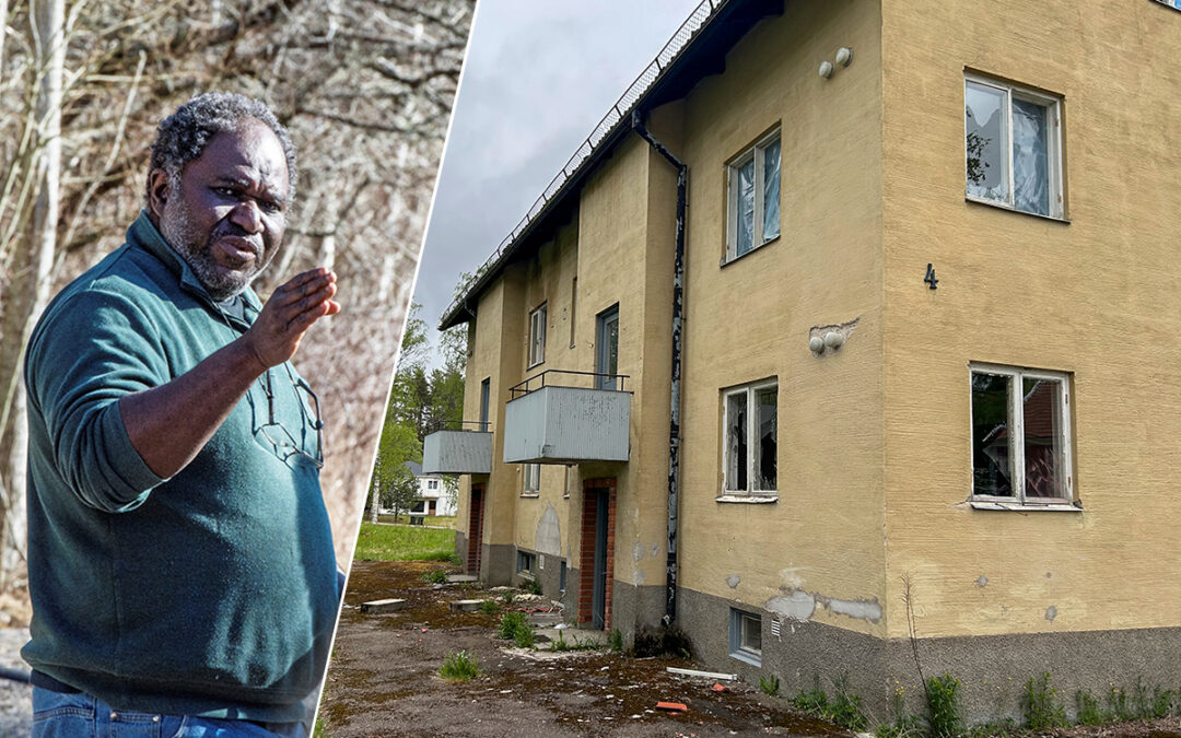 Tvådelad bild. Dels ser man en man som står och pekar, dels ett gult flerfamiljshus som är sönderslaget