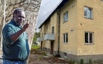 Tvådelad bild. Dels ser man en man som står och pekar, dels ett gult flerfamiljshus som är sönderslaget