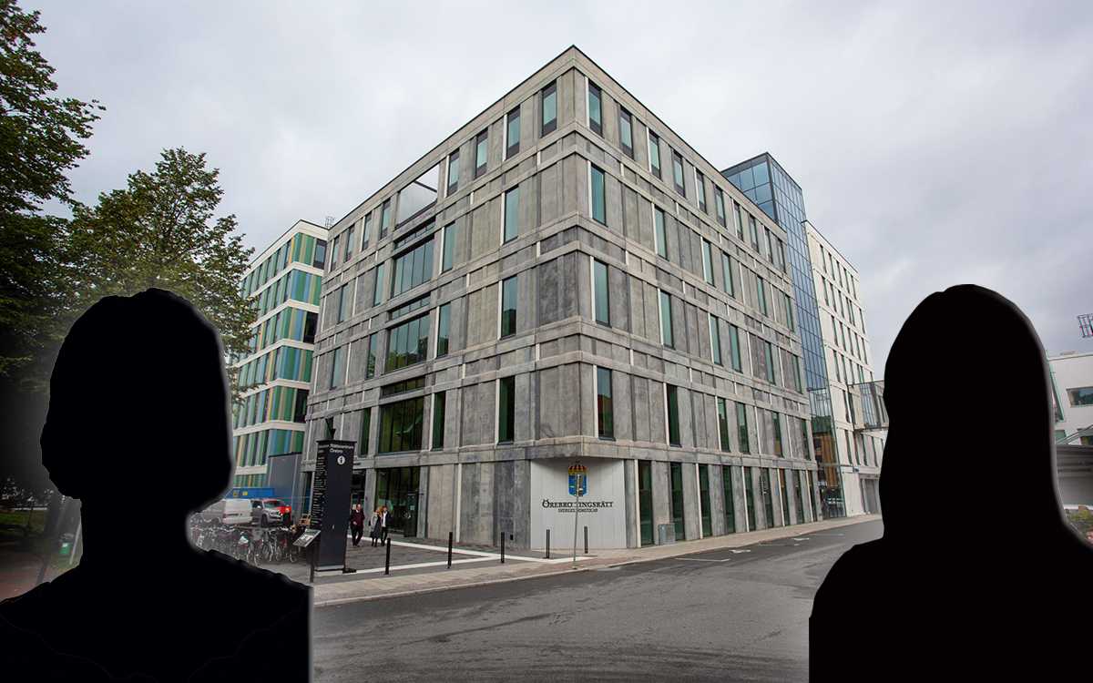Bild på en stor byggnad i betong, Örebro tingsrätt. Infällt i bilden är två ansiktslösa silhuetter helt i svart. Silhuetterna föreställer kvinnor.