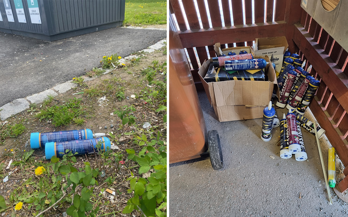 Lustgastuber i gräs och i ett soprum.