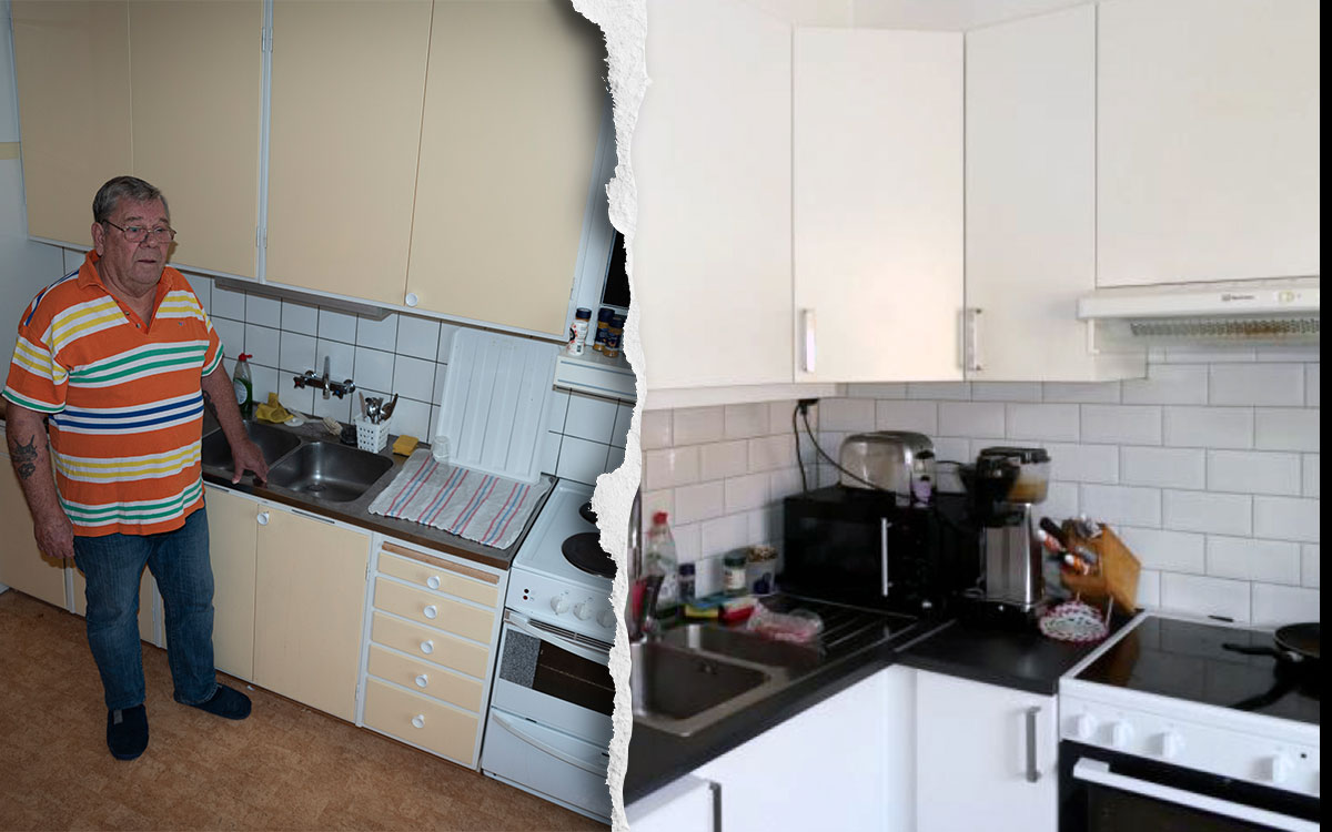 En tvådelad bild. En äldre man med glasögon och en färgglad randig pikétröja som står i ett citrongult kök av äldre modell. Ett modernt kök med spis med häll.