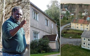 Tredelad bild. En man som pekar. Fasade på ett smutsgult, nedgånget hus. En drönarbild tagen över byn.