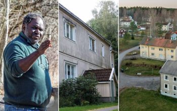 Tredelad bild. En man som pekar. Fasade på ett smutsgult, nedgånget hus. En drönarbild tagen över byn.