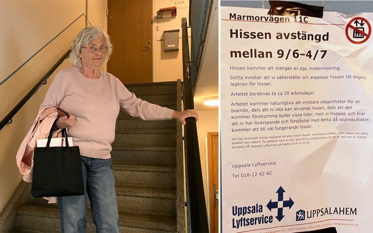En tvådelad bild. Till vänster en äldre kvinna med gråvitt hår och glasögon som står i en trappa i ett lägenhetshus. Hon tittar in i kameran med allvarlig min, bär jeans och rosa tröja. Till höger En lapp uppsatt med svart tejp på en hissdörr. Där informeras om renoveringen som ska pågå mellan den 9 juni och 4 juli.