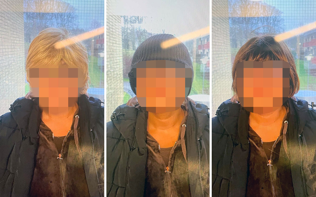 En tredelad bild som föreställer samma kvinna med en ljus peruk, en mörk peruk samt en mössa på huvudet. Kvinnans ansikte är pixlat.