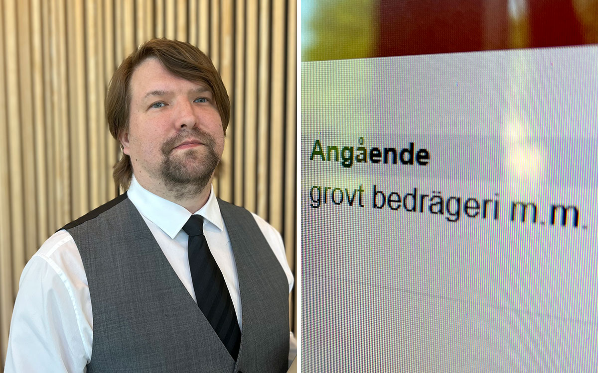En tvådelad bild med en man i väst och slips samt en skylt utanför en rättegångssal med texten "grovt bedrägeri".