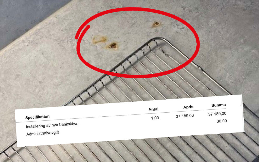 Märkena i bänkskivan och fakturan på över 36 000 kronor som hyresgästen fick betala.