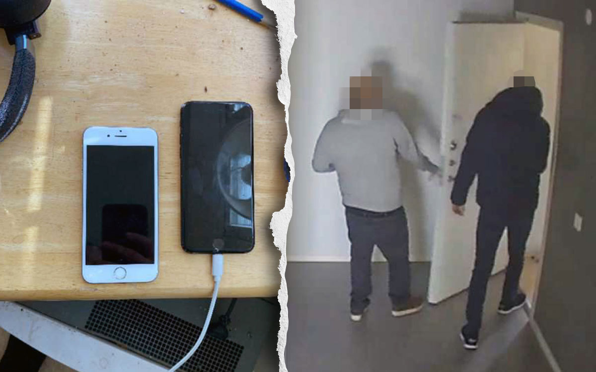 En tvådelad bild som visar två mobiltelegfoner på ett köksbord samt två män vid en öppen lägenhetsdörr i ett trapphus. Männens ansikten är pixlade.