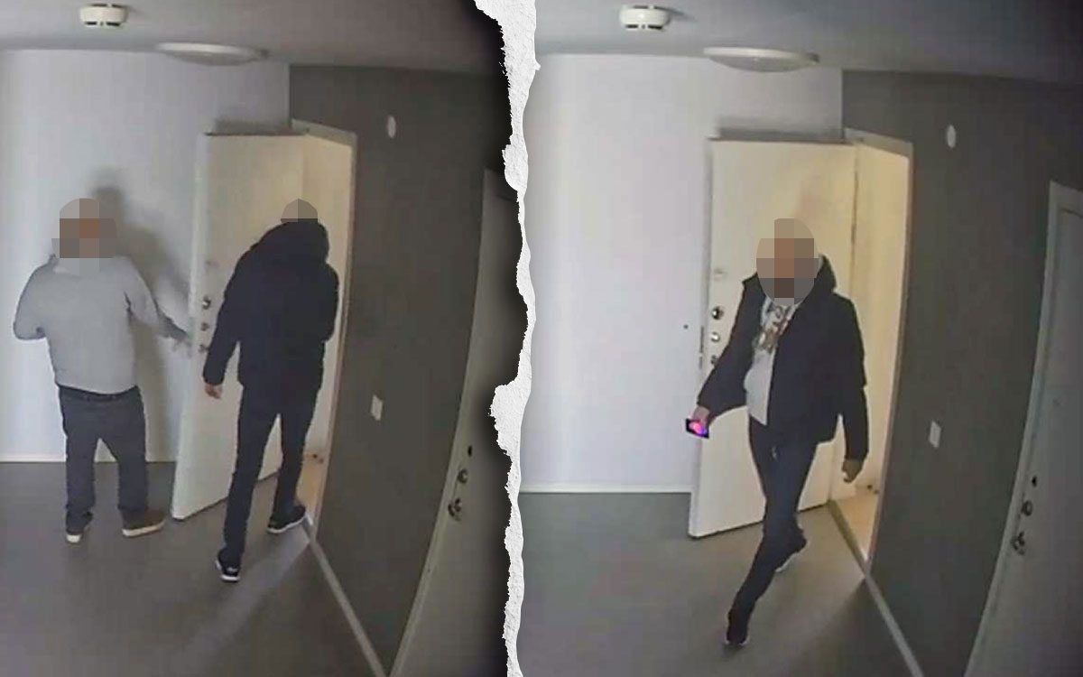 En tvådelad bild som visar personer på väg in och ut i en lägenhet från ett trapphus. Männens ansikten är pixlade.