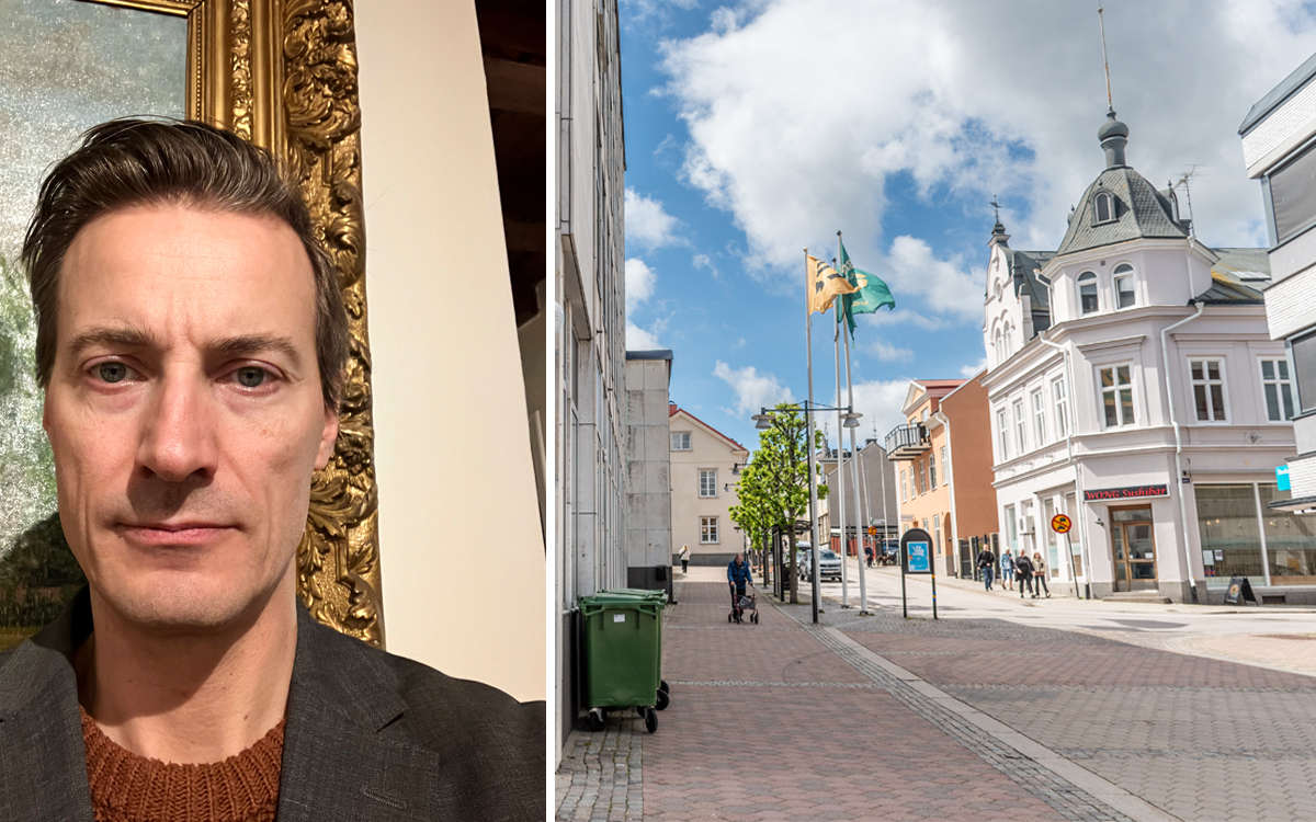 Montage av två bilder. Till vänster Karl Stolpstedt., förhandlare för Hyresgästföreningen. Tillhöger Västervik centrum.