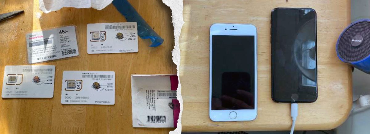 En tvådelad bild som visar mobiltelefoner, sim-kort samt värdebevis (voucher).