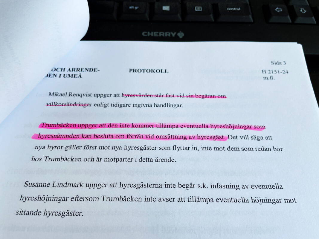 Ett avfotat textblock ur Hyresnämnden i Umeås domslut.