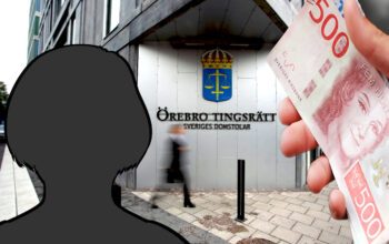 kollagebild av en siluett, fasaden på Örebro tingsrätt och en hand med pengar.