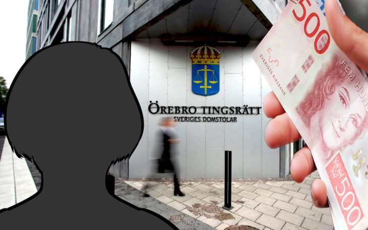kollagebild av en siluett, fasaden på Örebro tingsrätt och en hand med pengar.