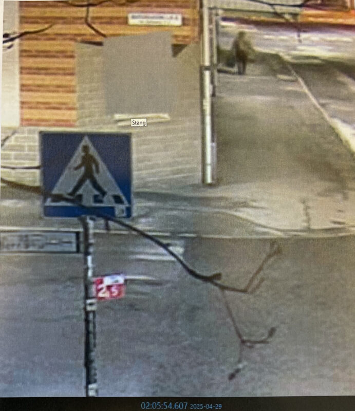 En övervakningsbild från en kamera utomhus som visar ett bostadshus och en människa med oskarpa konturer på gatan.