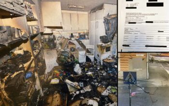 Tre bilder. En visar ett eldhärjat kök, en andra är ett foto på en maskad sida ur dompapper. Den tredje är en suddig övervakningsbild.