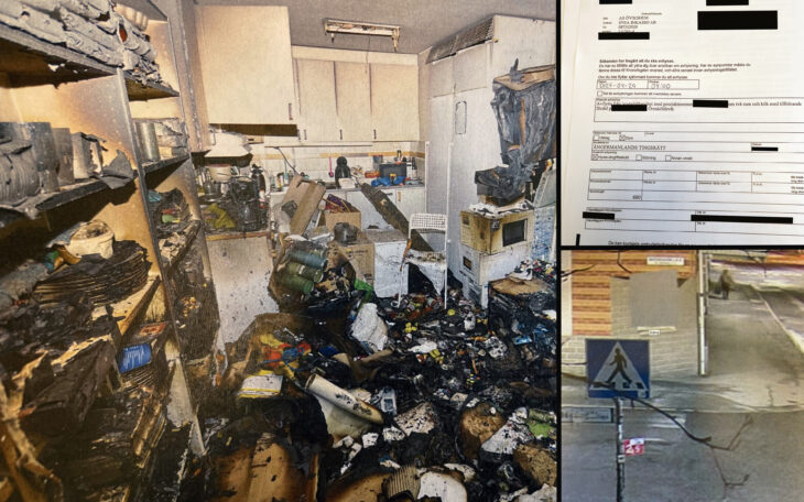 Tre bilder. En visar ett eldhärjat kök, en andra är ett foto på en maskad sida ur dompapper. Den tredje är en suddig övervakningsbild.