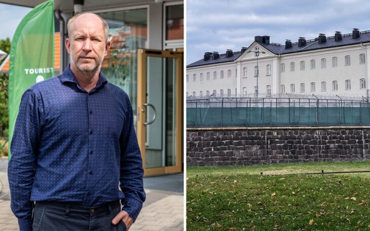 Bilden visar en split av två bilder. Till vänster står kommunalråd Henrik Nilsson Bokor (S). Till höger visas Kalmars fängelse.