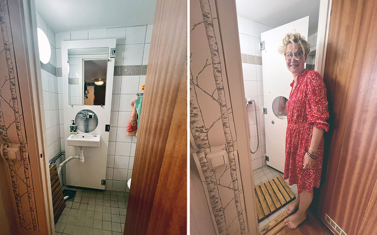 Så här ser en Stockholmsdusch ut. Hyrsegästen Karin Persson visar.