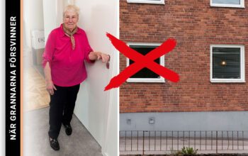 En tvådelad bild som visar en äldre kvinna framför en stängd dörr i en lägenhet och en fasad på ett hus med ett rött kryss över ett fönster.