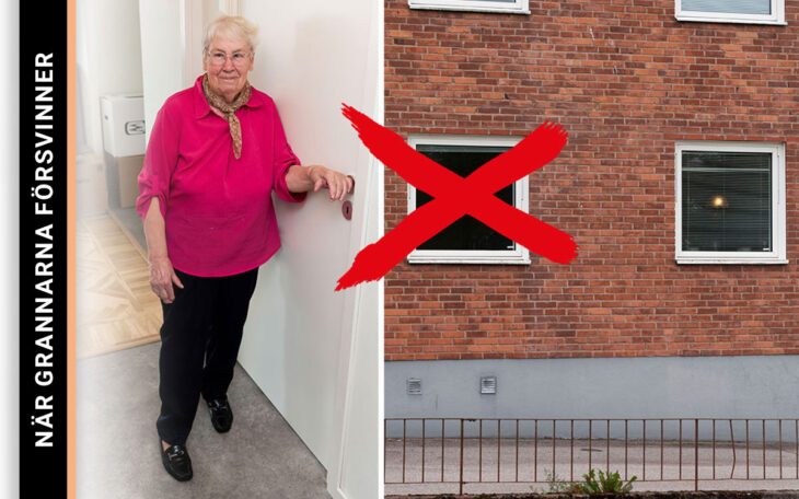 En tvådelad bild som visar en äldre kvinna framför en stängd dörr i en lägenhet och en fasad på ett hus med ett rött kryss över ett fönster.