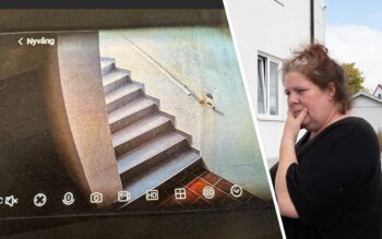 En tvådelad bild. En fundersam kvinna och en bild från en övervakningskamera i ett trapphus.