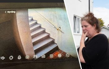 En tvådelad bild. En fundersam kvinna och en bild från en övervakningskamera i ett trapphus.