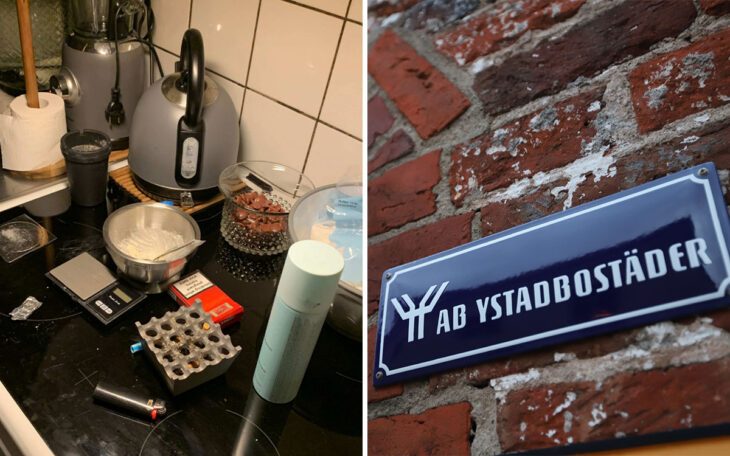 Narkotika på en köksspis och en skylt med Ystadbostäder. Kvinnan bedrev knarkhandel hemma.