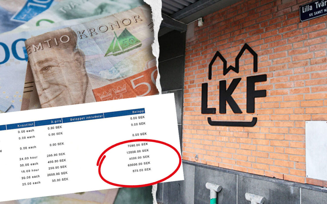 Bild på fakturan på magasinering samt pengar och LKF:s logga.