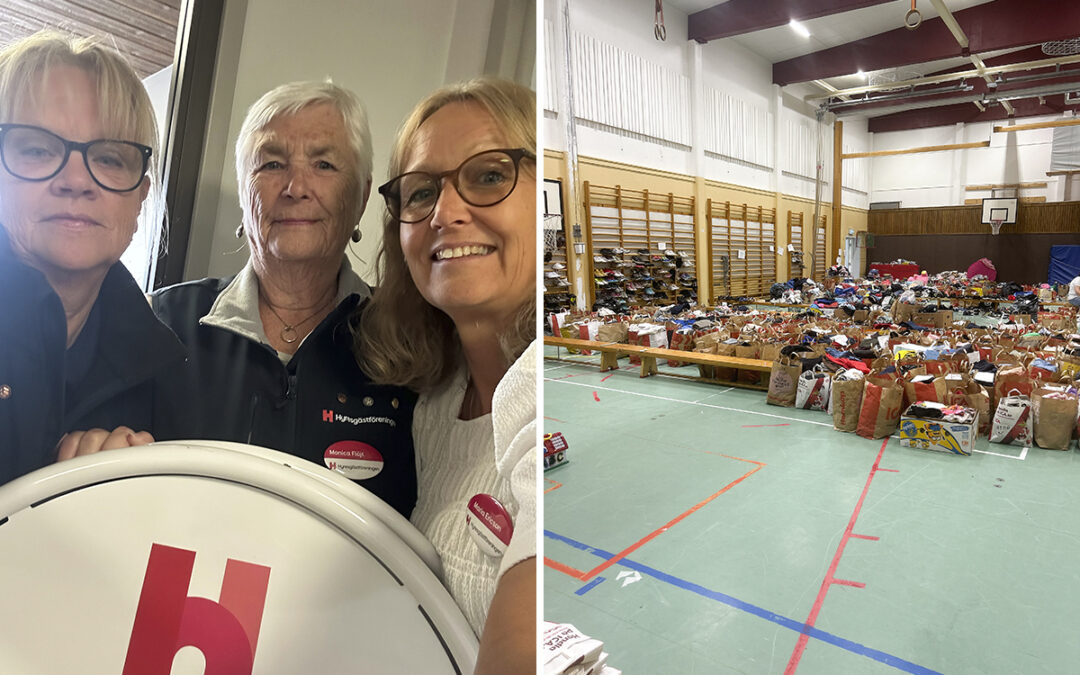 Tvådelat foto. Till vänster: selfie på Mari Gunnarsson, Monica Flöjt och Maria Ericson framför en gatupratare där bara toppen med Hyresgästföreningens logga syns. Till höger: en mängd fullpackade papperskassar står i en gymnastiksal. Hyresgästföreningen fick ett enormt gensvar när de startade en insamling av bland annat kläder till de som drabbats av branden på Stormyra i Hudiksvall.