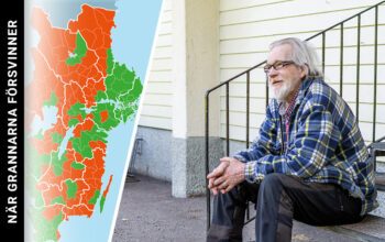 En tvådelad bild. Till vänster en karta på södra Sverige. Till höger en man som sitter på en trappa.